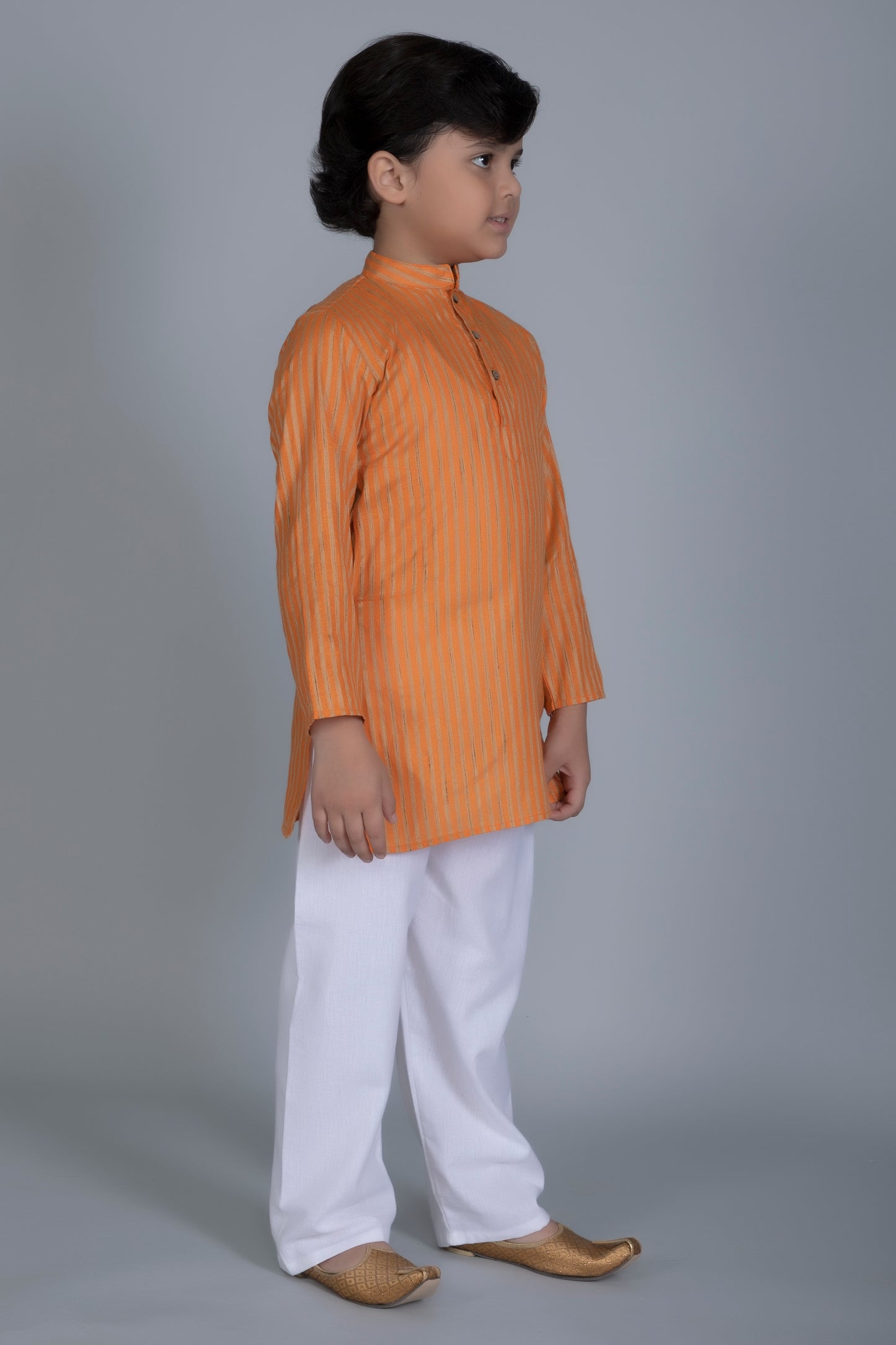 Vastraa Fusion Boy's Gold Line Handloom Weaving Pure Cotton Kurta, Full Sleeves, Wooden Button , Ethnic Wear