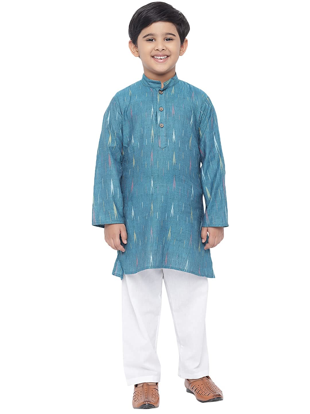 Kurta for Kids- Khadi Look in Mix Ikat Patterns South Cotton Kurta