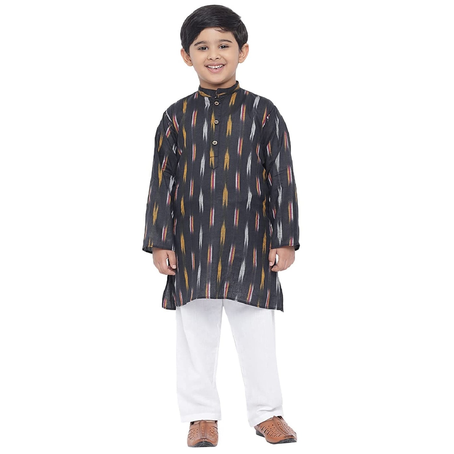 Kurta Pajama for Kids- Khadi Look in Mix Ikat Patterns South Cotton Kurta Pajama