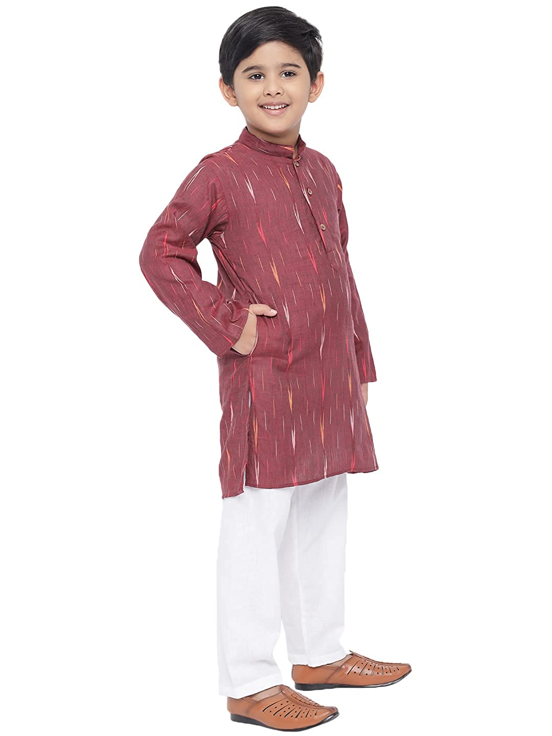 Kurta Pajama for Kids- Khadi Look in Mix Ikat Patterns South Cotton Kurta Pajama