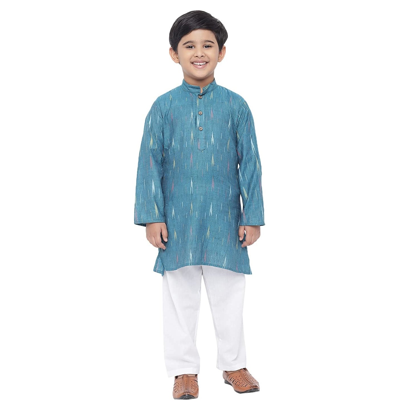 Kurta Pajama for Kids- Khadi Look in Mix Ikat Patterns South Cotton Kurta Pajama