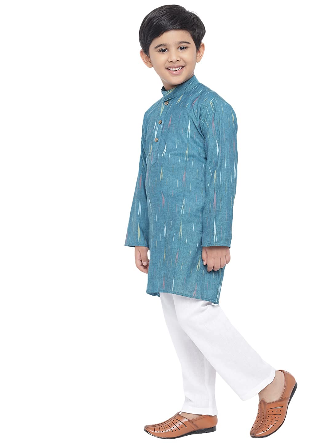 Kurta Pajama for Kids- Khadi Look in Mix Ikat Patterns South Cotton Kurta Pajama