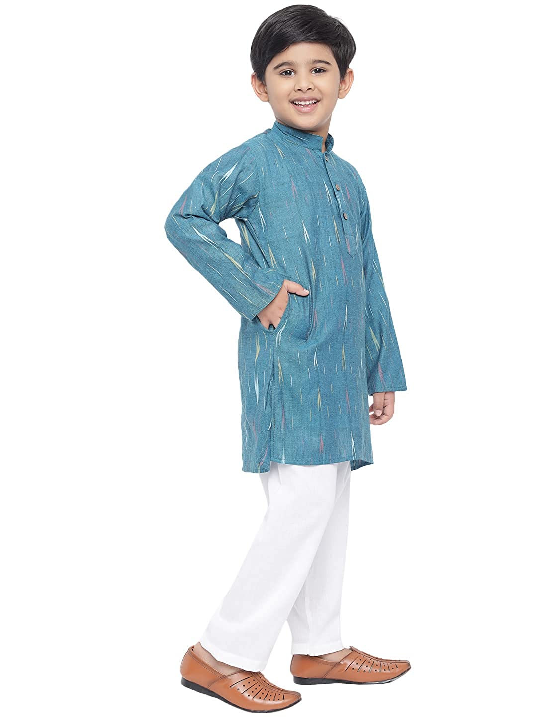 Kurta Pajama for Kids- Khadi Look in Mix Ikat Patterns South Cotton Kurta Pajama