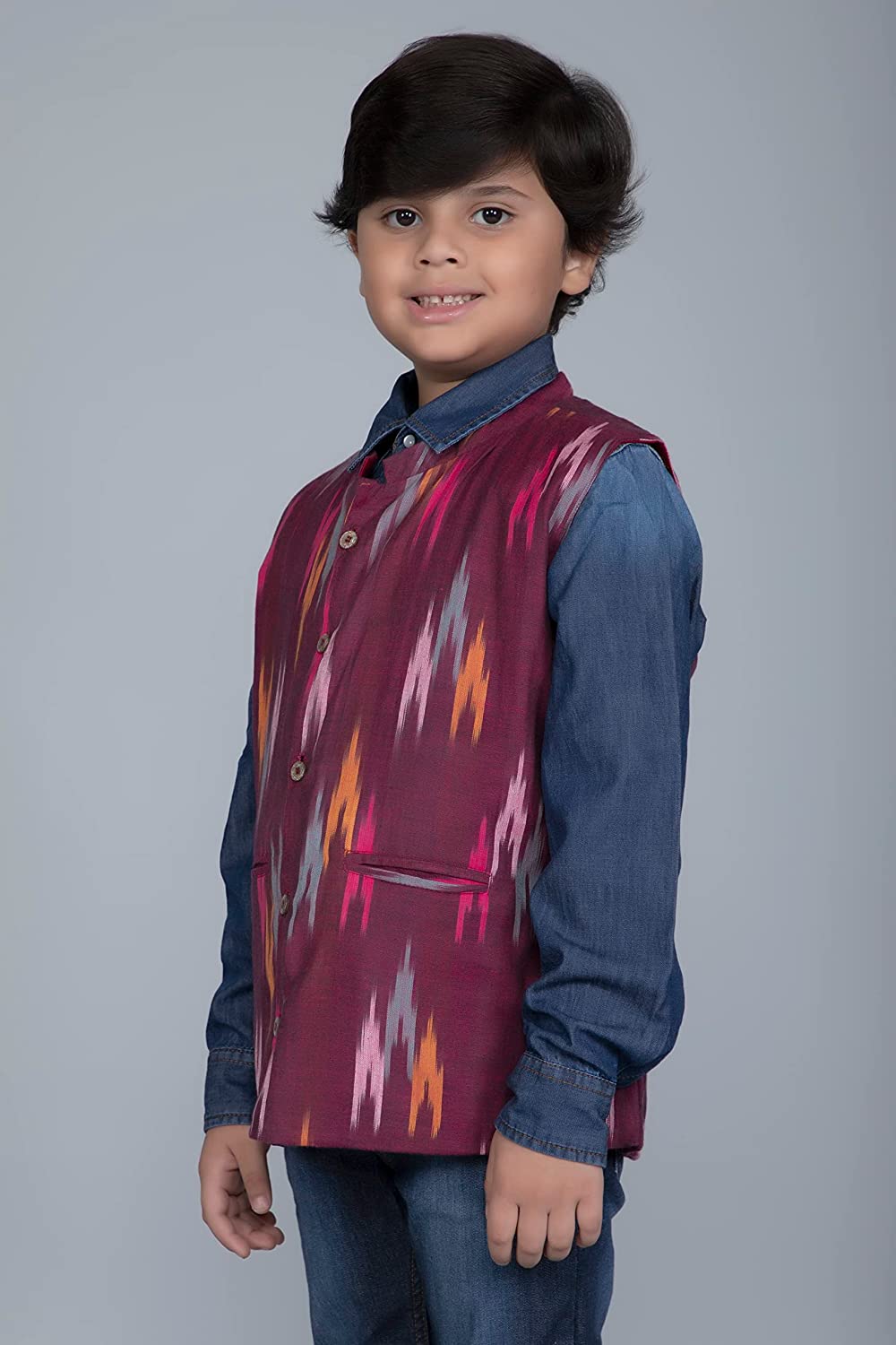 Vastraa Fusion Boys Ikat Handloom Cotton Nehru Jacket, Round Collar, Ethnic Wear Jacket