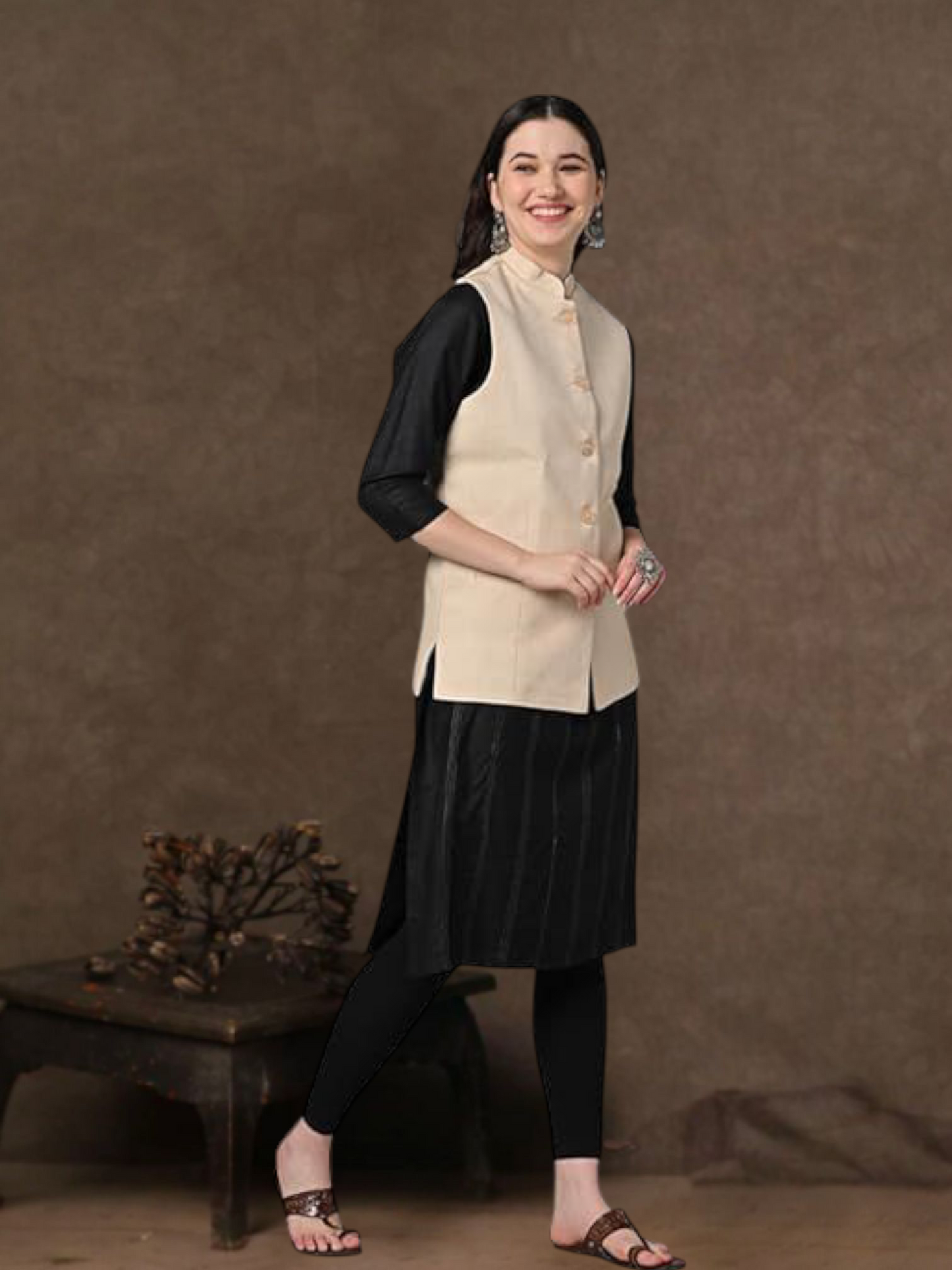 Vastraa Fusion Solid Indian Traditional Ethnic Waistcoat Festive Cotton Nehru Jacket for Women