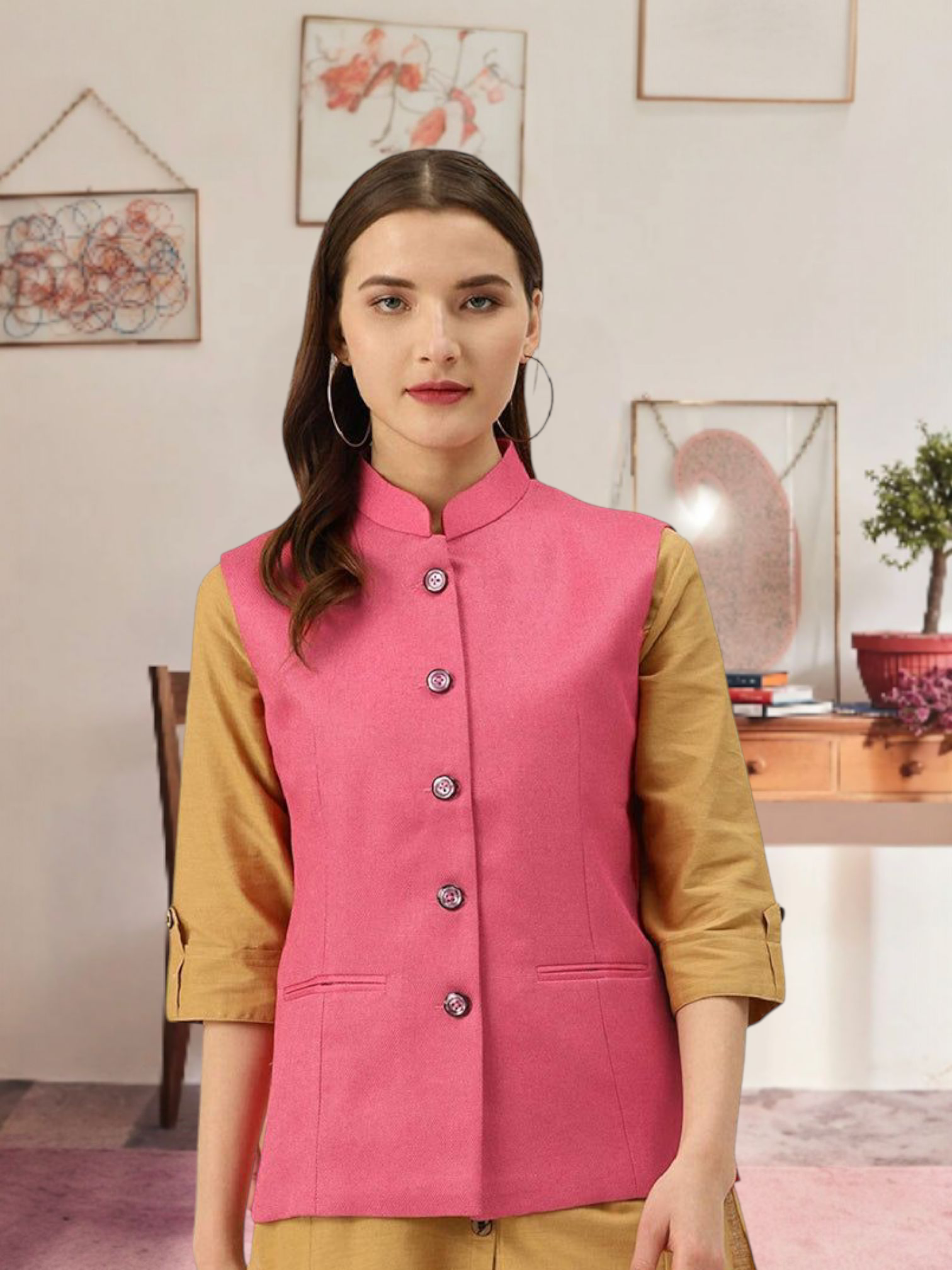 Vastraa Fusion Ladies Modi Jacket Waistcoat Plain Solid Colurs Cotton  Mix Nehru Jacket