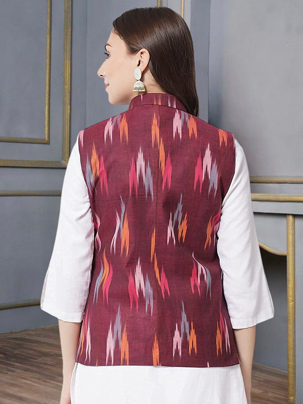 Ladies Modi Jacket / Waistcoat - Khadi Look in Mix Ikkat Patterns - South Cotton Nehru Jacket