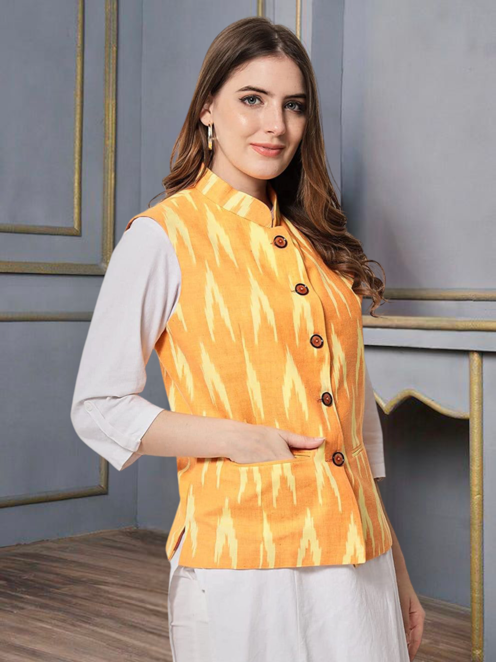 Vastraa Fusion Solid Indian Traditional Ethnic Waistcoat Festive Woolen Nehru Jacket for Women