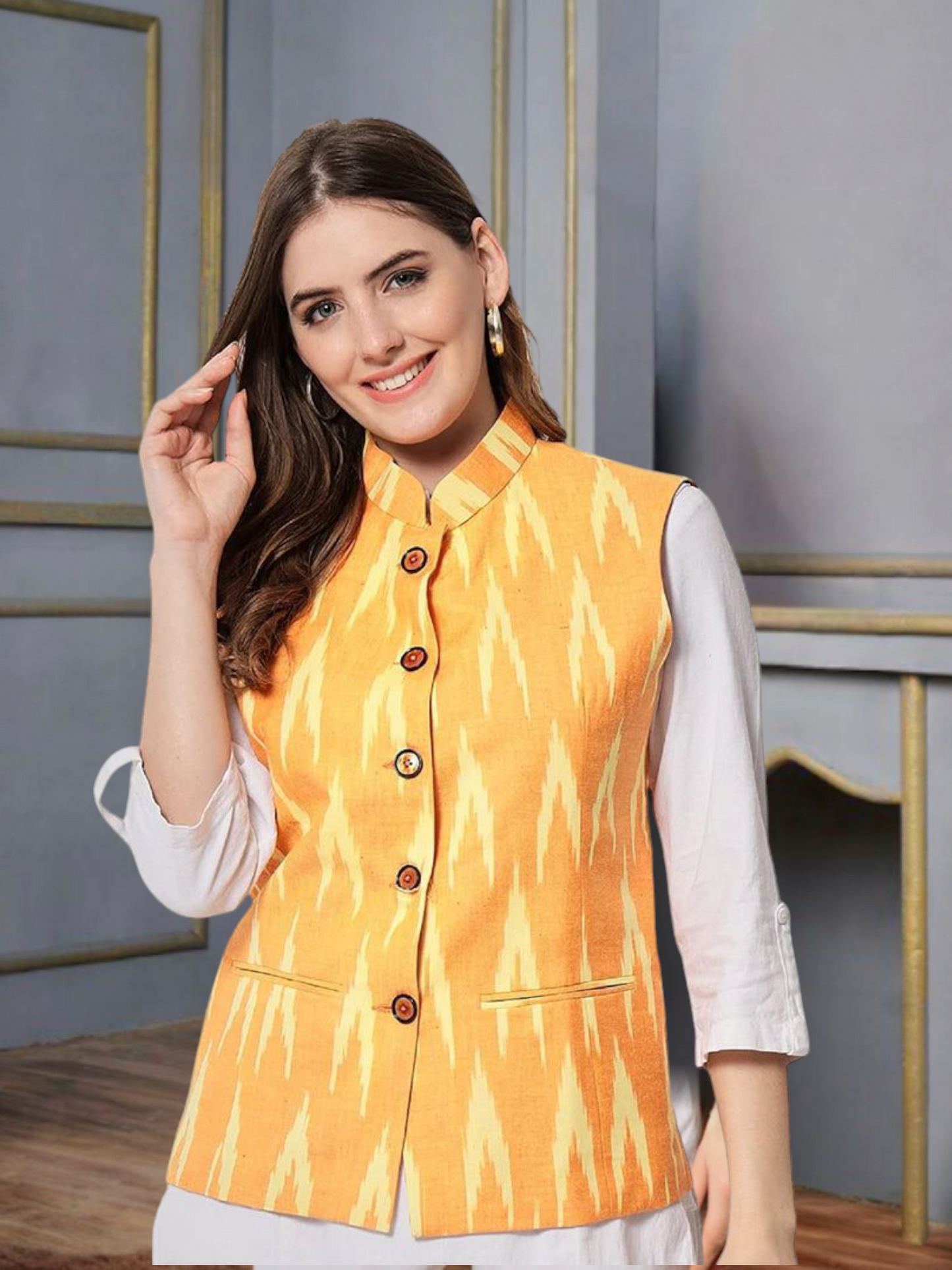 Vastraa Fusion Solid Indian Traditional Ethnic Waistcoat Festive Woolen Nehru Jacket for Women