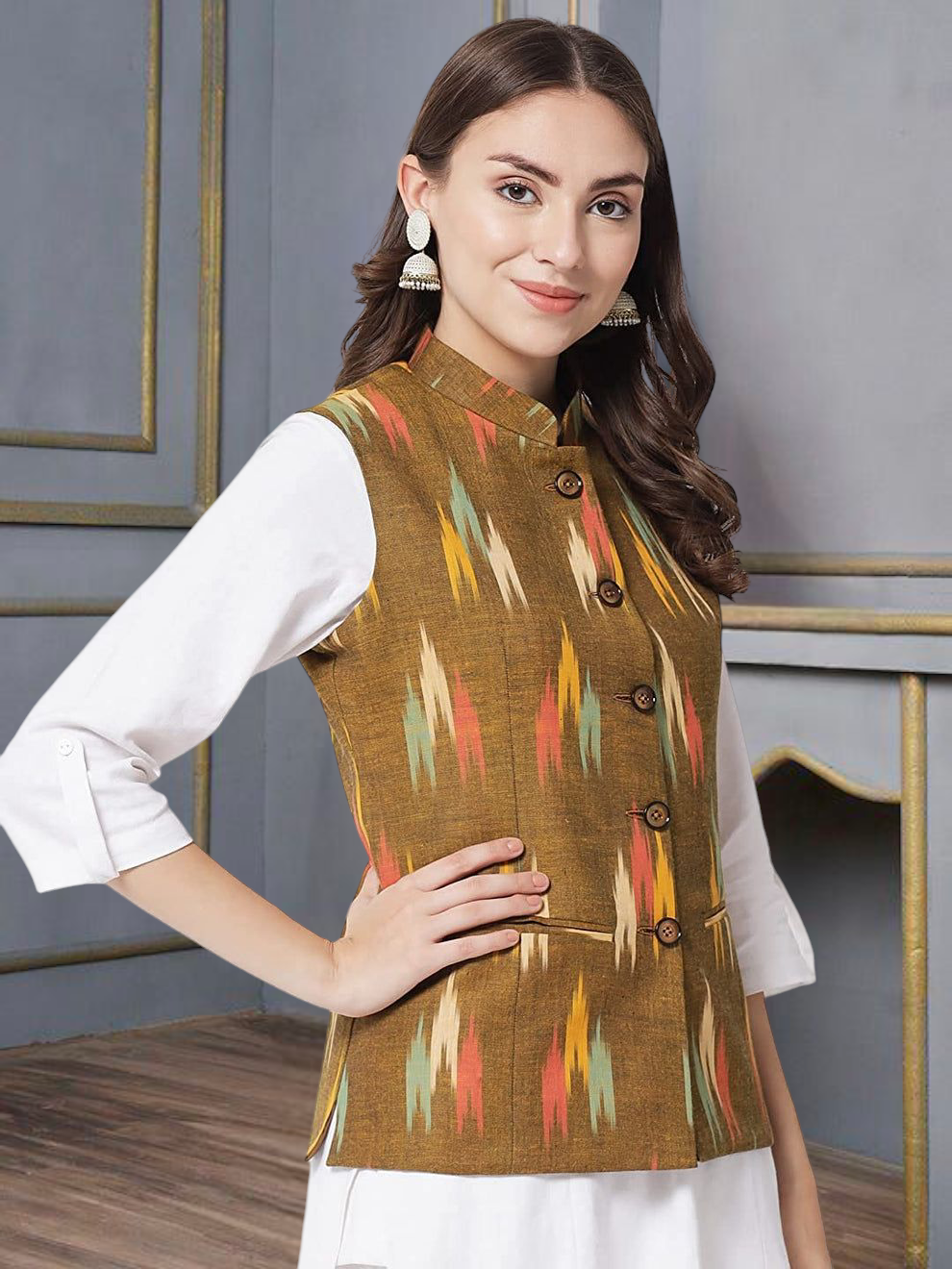 Vastraa Fusion Solid Indian Traditional Ethnic Waistcoat Festive Woolen Nehru Jacket for Women