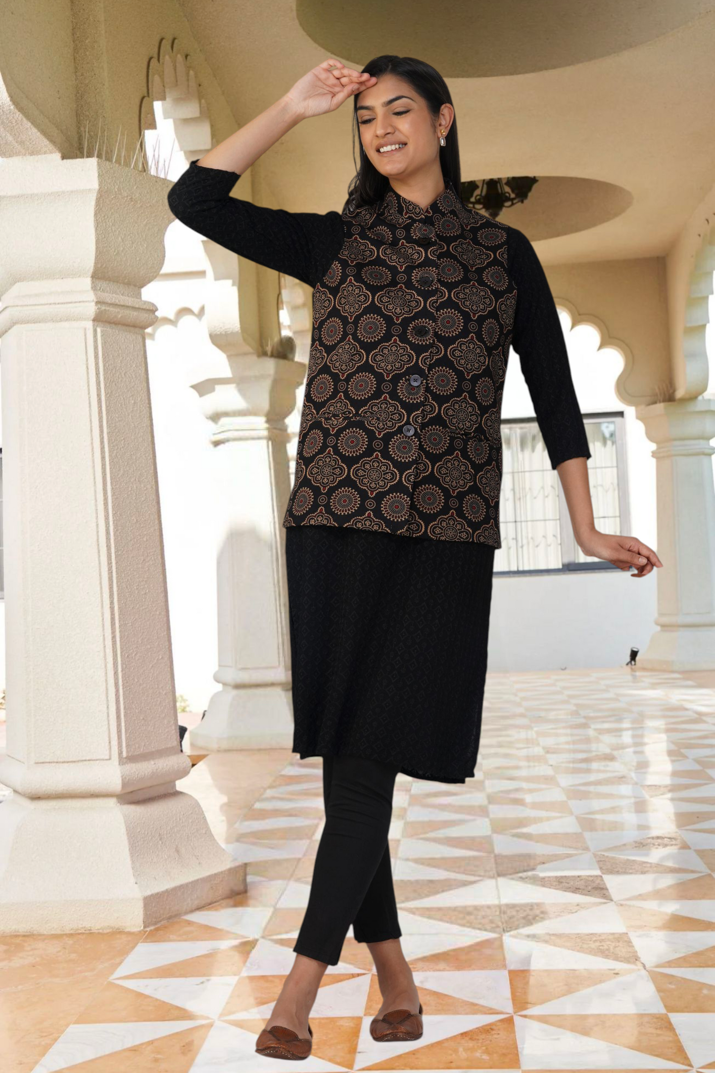 Vastraa Fusion Solid Indian Traditional Ethnic Waistcoat Festive Woolen Nehru Jacket for Women