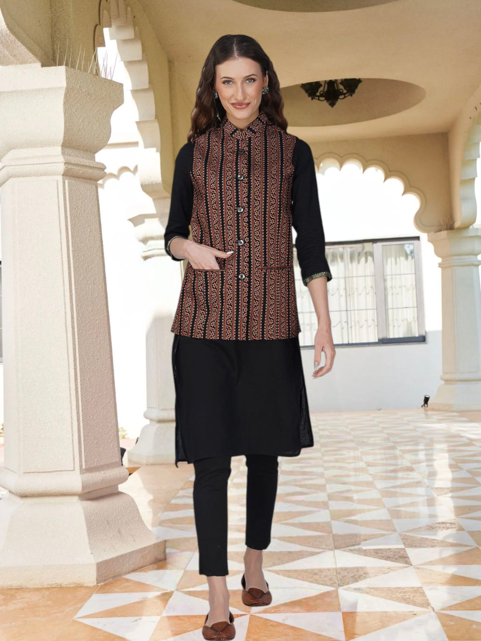 Ladies Modi Jacket / Waistcoat - Printed Look Designer Patterns - Cotton Nehru Jacket