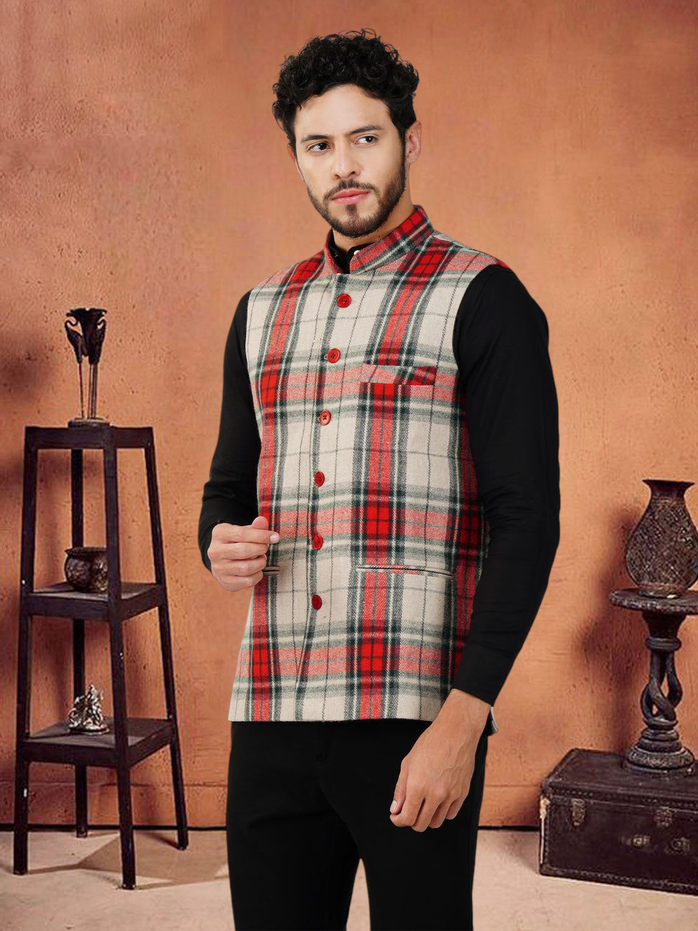 Vastraa Fusion Modi Jacket Waistcoat Checks Pattern Woolen Nehru Jacket