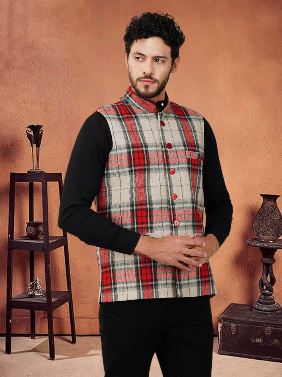 Vastraa Fusion Modi Jacket Waistcoat Checks Pattern Woolen Nehru Jacket