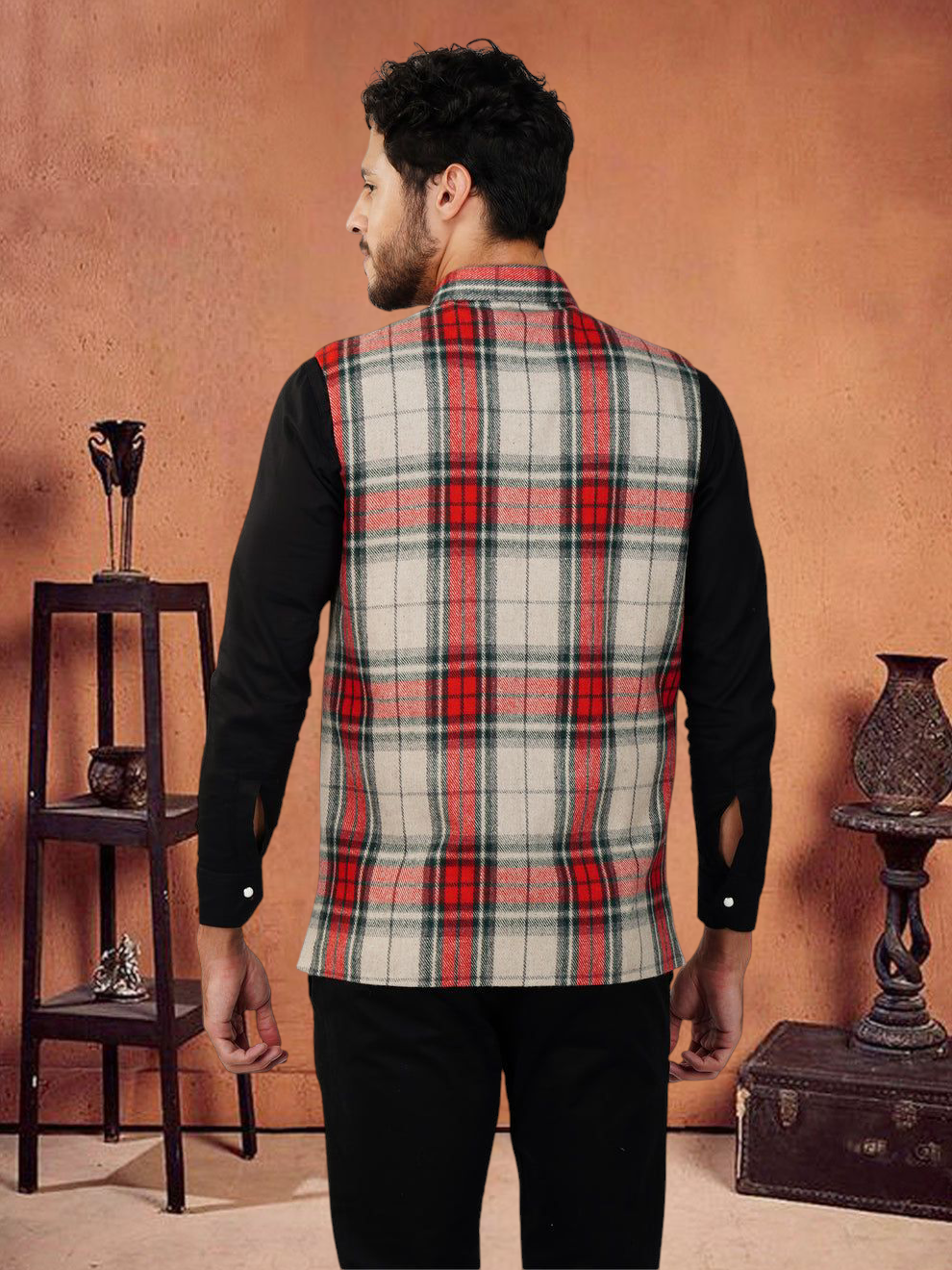 Vastraa Fusion Modi Jacket Waistcoat Checks Pattern Woolen Nehru Jacket