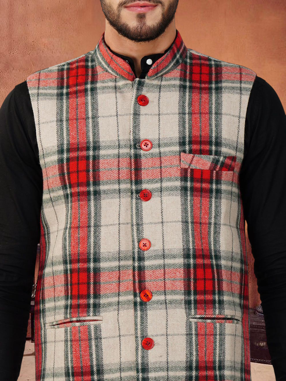 Vastraa Fusion Modi Jacket Waistcoat Checks Pattern Woolen Nehru Jacket
