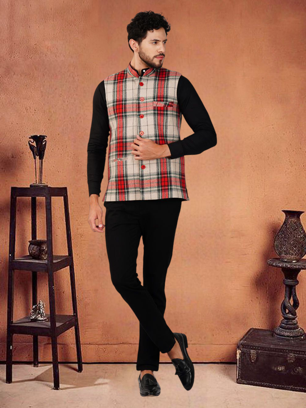 Vastraa Fusion Modi Jacket Waistcoat Checks Pattern Woolen Nehru Jacket