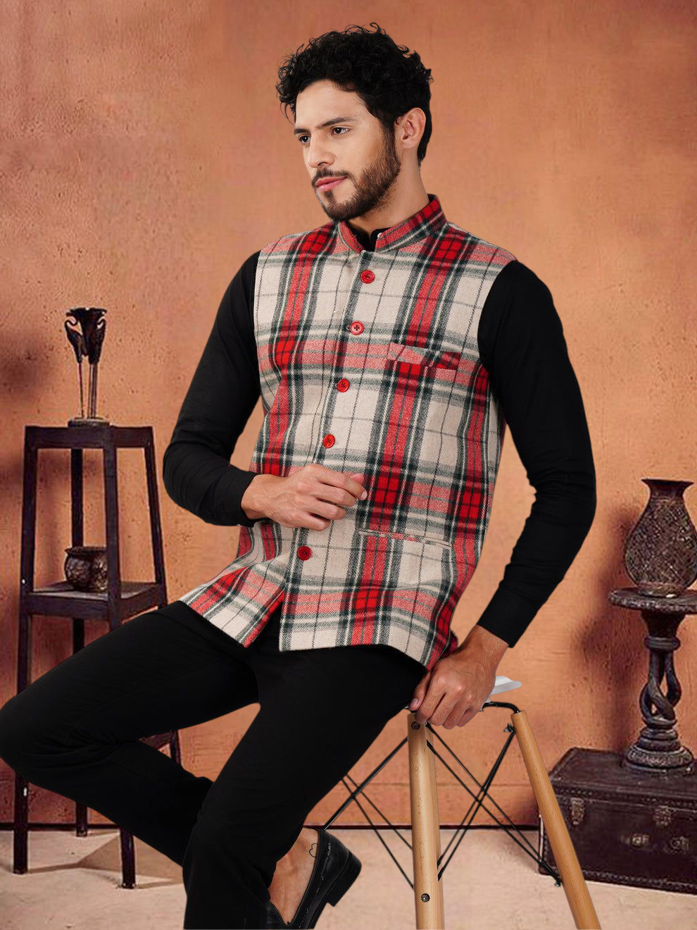 Vastraa Fusion Modi Jacket Waistcoat Checks Pattern Woolen Nehru Jacket