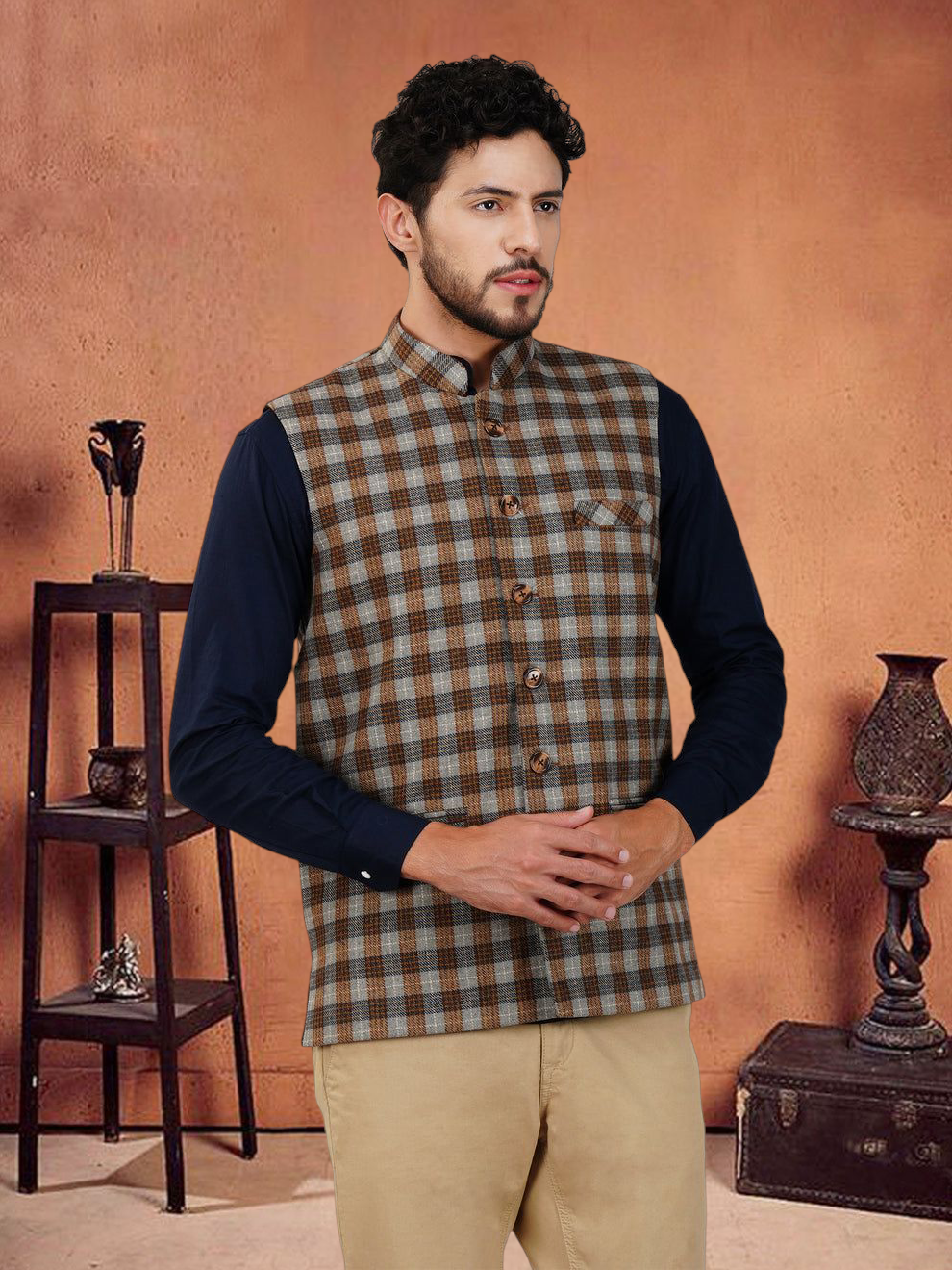 Vastraa Fusion Modi Jacket Waistcoat Checks Pattern Woolen Nehru Jacket