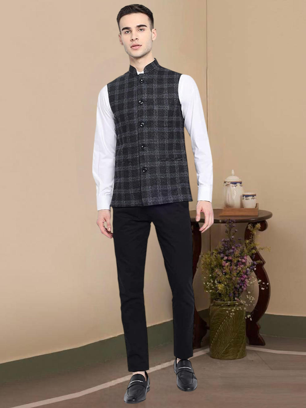 Vastraa Fusion Modi Jacket Waistcoat Checks Pattern Woolen Nehru Jacket