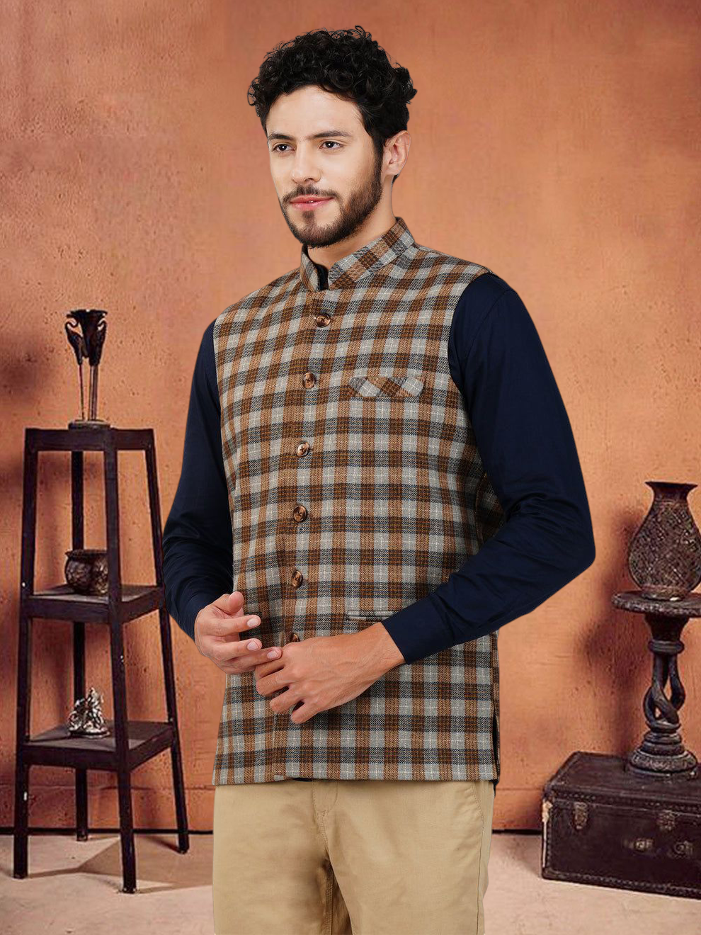 Vastraa Fusion Modi Jacket Waistcoat Checks Pattern Woolen Nehru Jacket