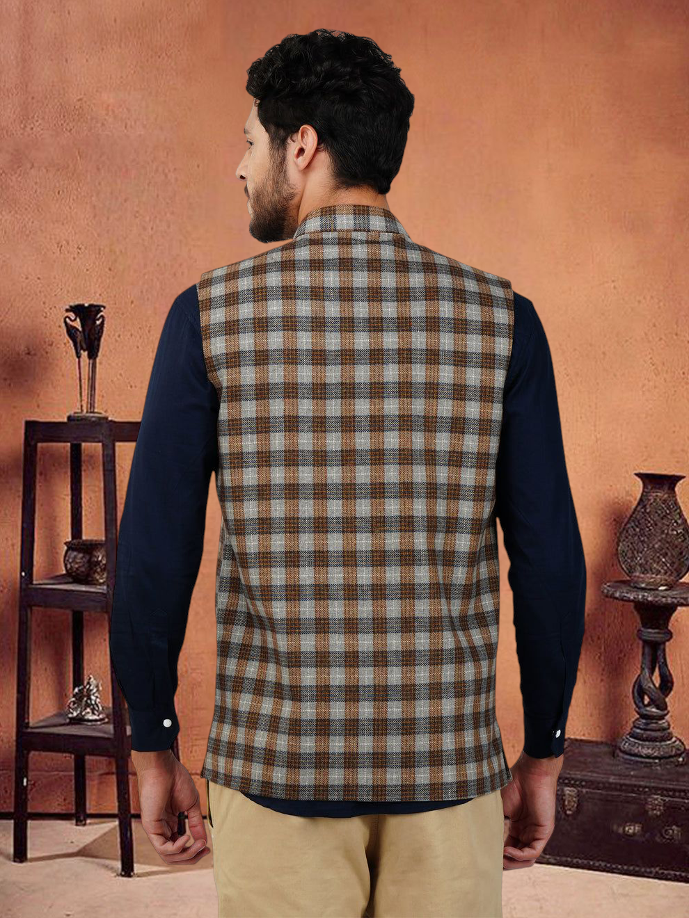 Vastraa Fusion Modi Jacket Waistcoat Checks Pattern Woolen Nehru Jacket