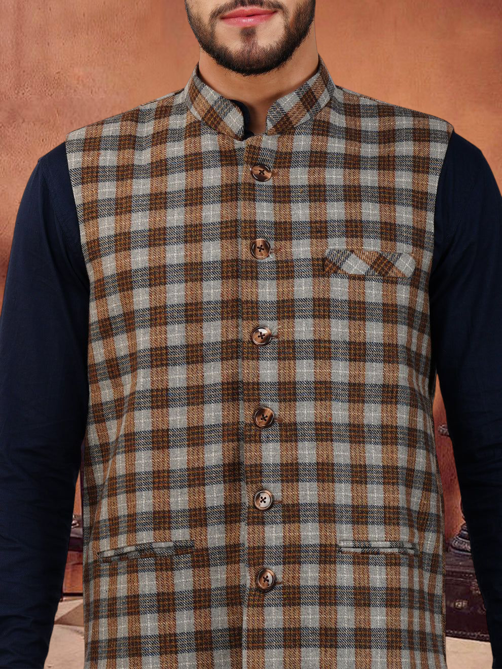 Vastraa Fusion Modi Jacket Waistcoat Checks Pattern Woolen Nehru Jacket