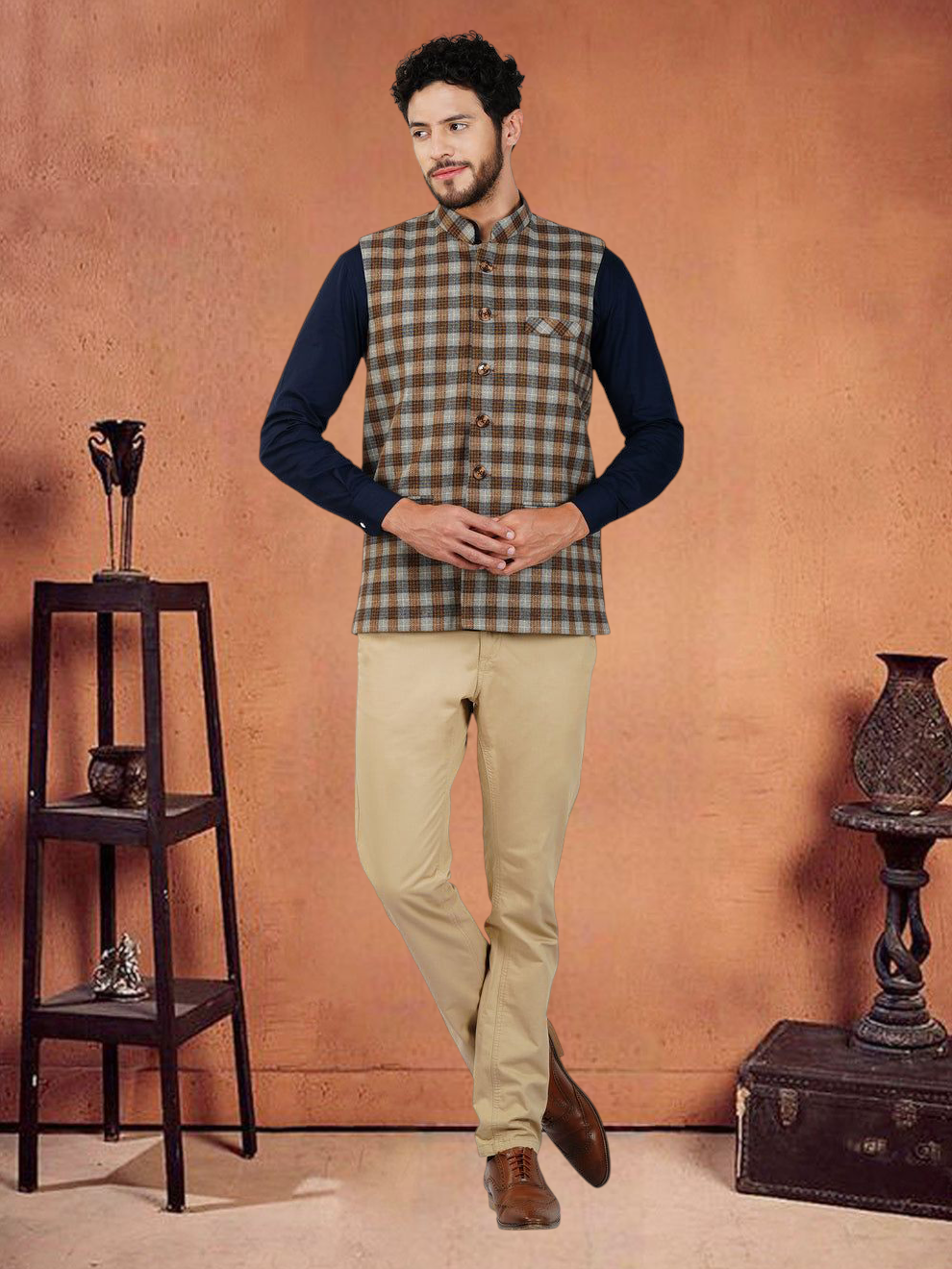 Vastraa Fusion Modi Jacket Waistcoat Checks Pattern Woolen Nehru Jacket