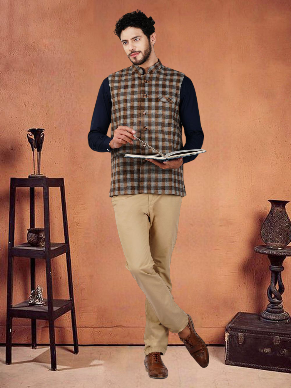 Vastraa Fusion Modi Jacket Waistcoat Checks Pattern Woolen Nehru Jacket
