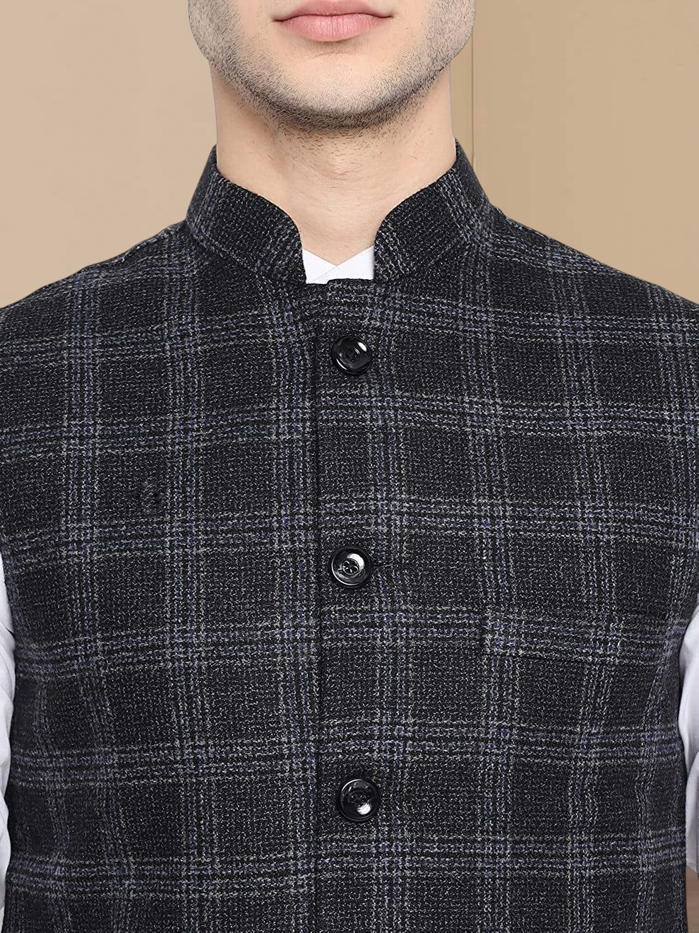 Vastraa Fusion Modi Jacket Waistcoat Checks Pattern Woolen Nehru Jacket
