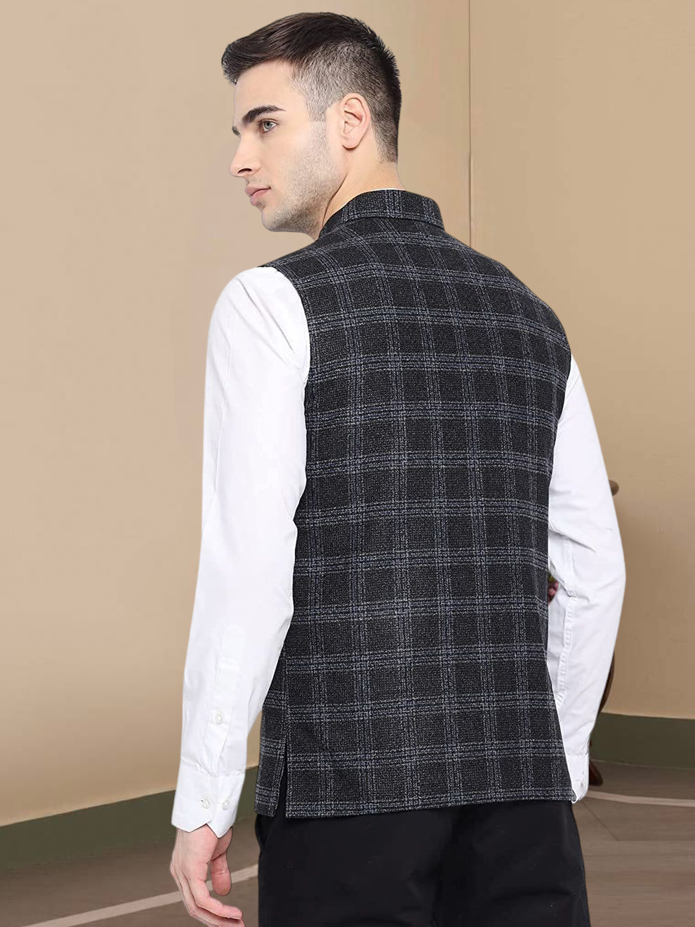 Vastraa Fusion Modi Jacket Waistcoat Checks Pattern Woolen Nehru Jacket