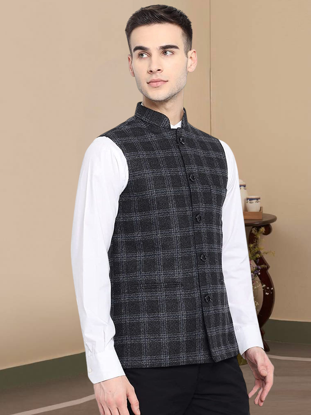 Vastraa Fusion Modi Jacket Waistcoat Checks Pattern Woolen Nehru Jacket