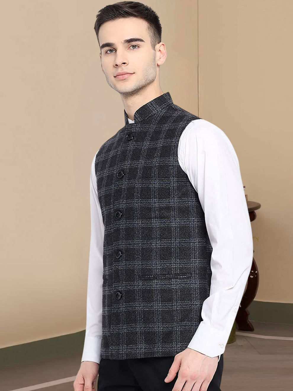 Vastraa Fusion Modi Jacket Waistcoat Checks Pattern Woolen Nehru Jacket