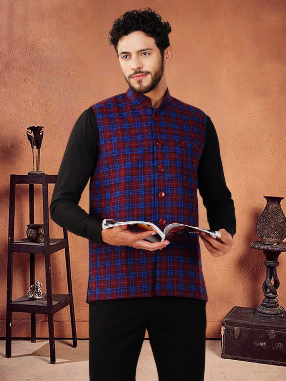 Vastraa Fusion Modi Jacket Waistcoat Checks Pattern Woolen Nehru Jacket