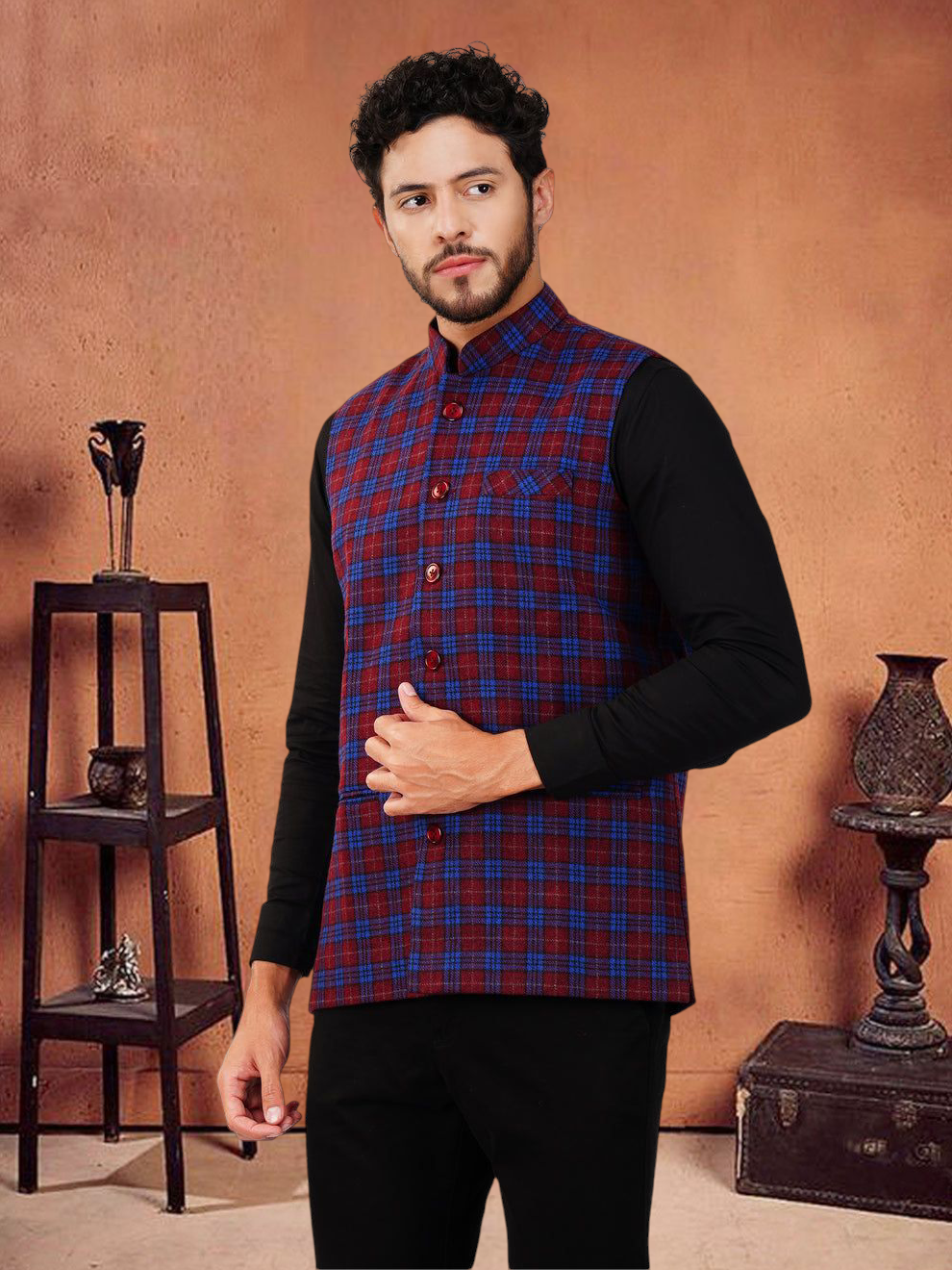 Vastraa Fusion Modi Jacket Waistcoat Checks Pattern Woolen Nehru Jacket