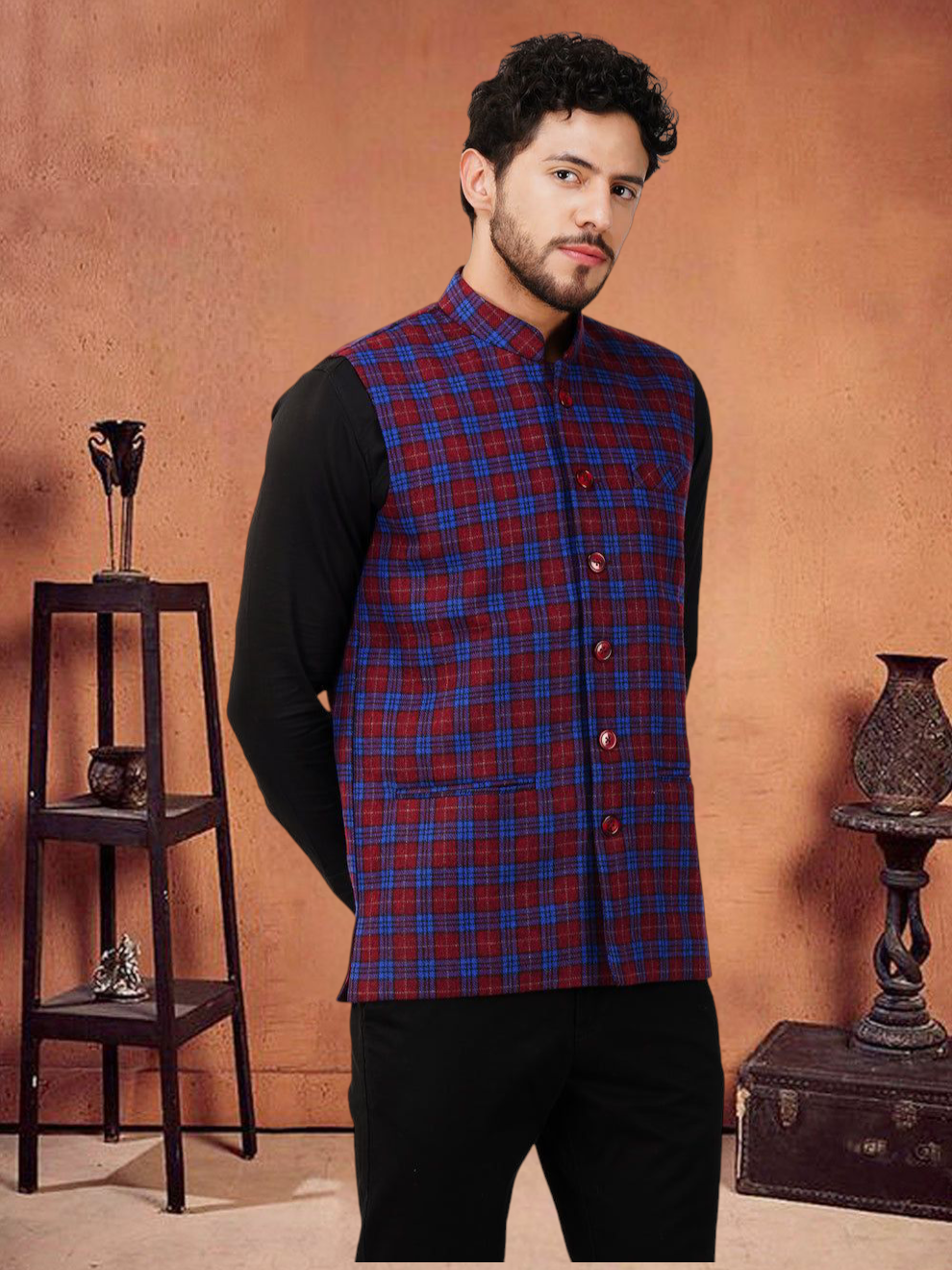 Vastraa Fusion Modi Jacket Waistcoat Checks Pattern Woolen Nehru Jacket