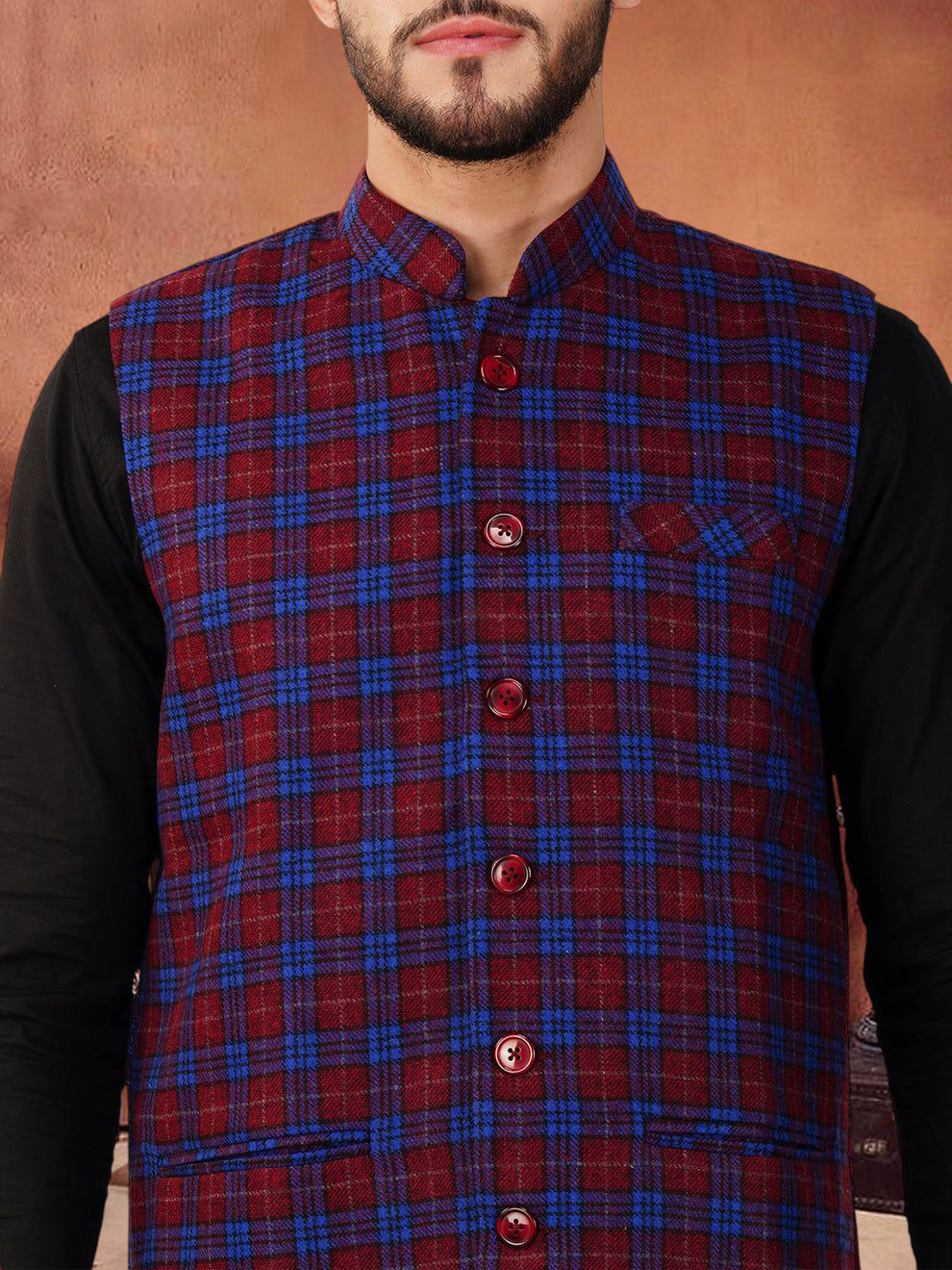 Vastraa Fusion Modi Jacket Waistcoat Checks Pattern Woolen Nehru Jacket