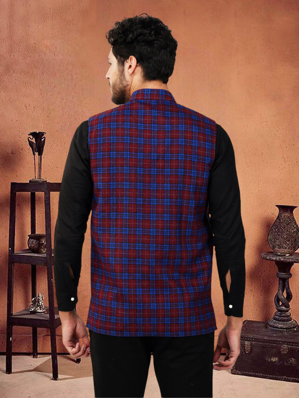 Vastraa Fusion Modi Jacket Waistcoat Checks Pattern Woolen Nehru Jacket