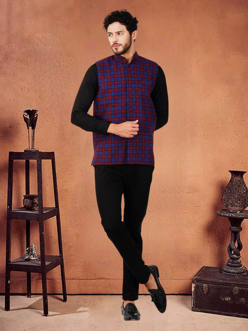 Vastraa Fusion Modi Jacket Waistcoat Checks Pattern Woolen Nehru Jacket