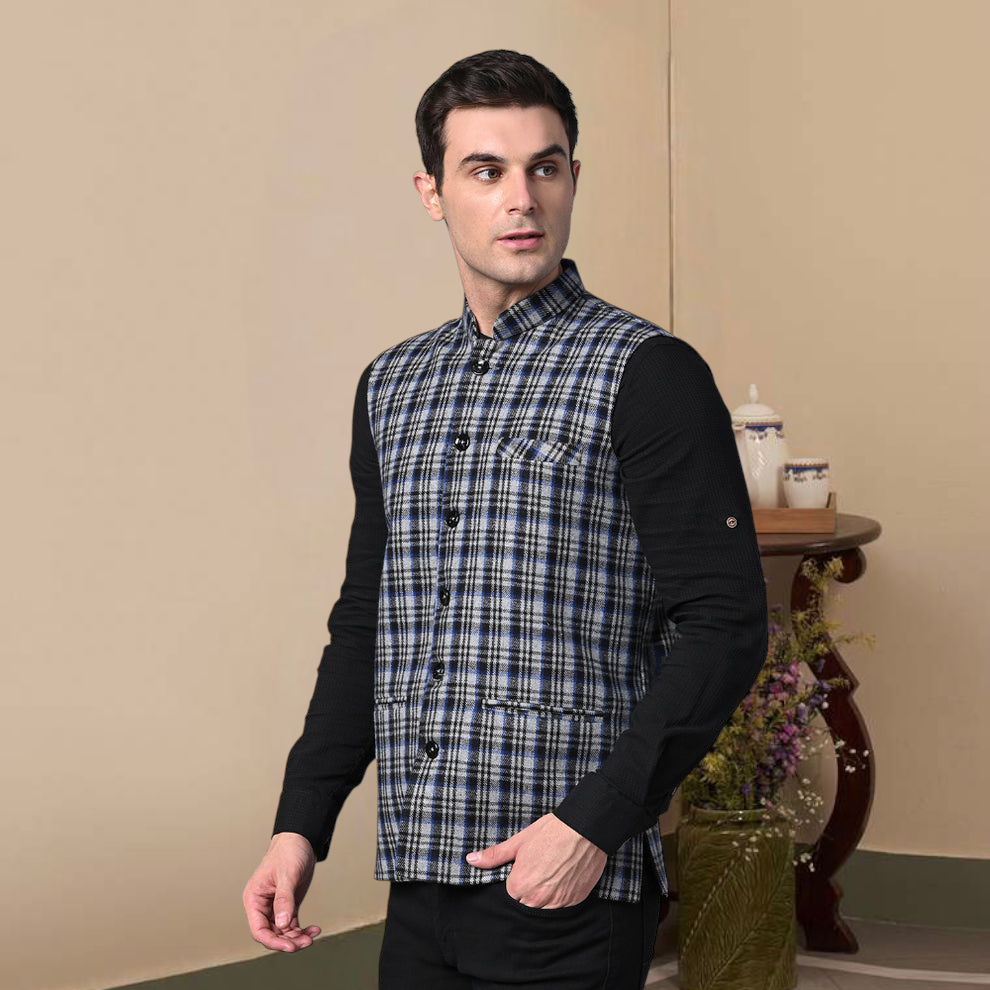 Vastraa Fusion Modi Jacket Waistcoat Checks Pattern Woolen Nehru Jacket