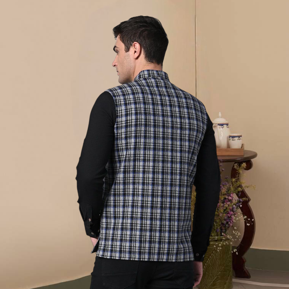 Vastraa Fusion Modi Jacket Waistcoat Checks Pattern Woolen Nehru Jacket