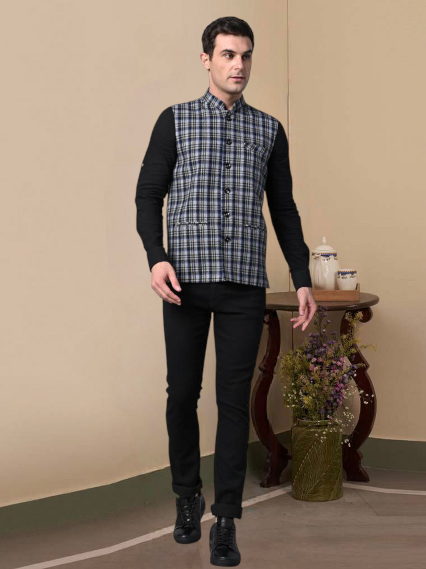 Vastraa Fusion Modi Jacket Waistcoat Checks Pattern Woolen Nehru Jacket