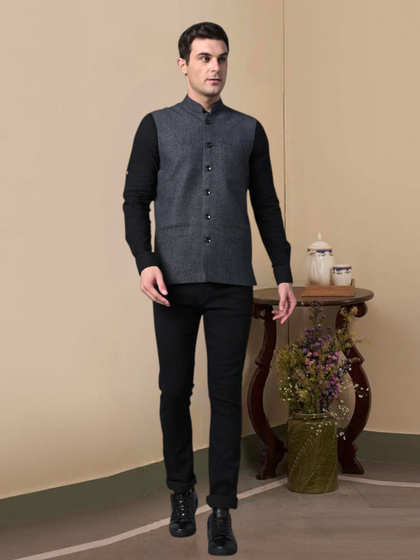 Vastraa Fusion Modi Jacket Waistcoat Solid Pattern Woolen Nehru Jacket