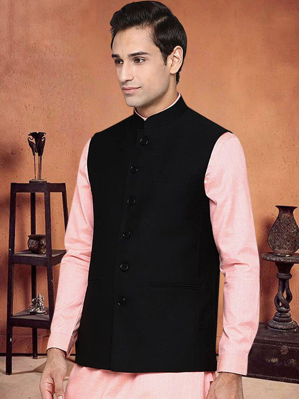 Vastraa Fusion Modi Jacket Waistcoat Checks Pattern Woolen Nehru Jacket