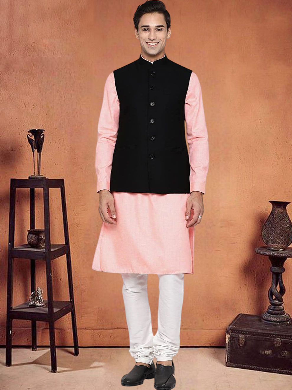 Vastraa Fusion Modi Jacket Waistcoat Checks Pattern Woolen Nehru Jacket