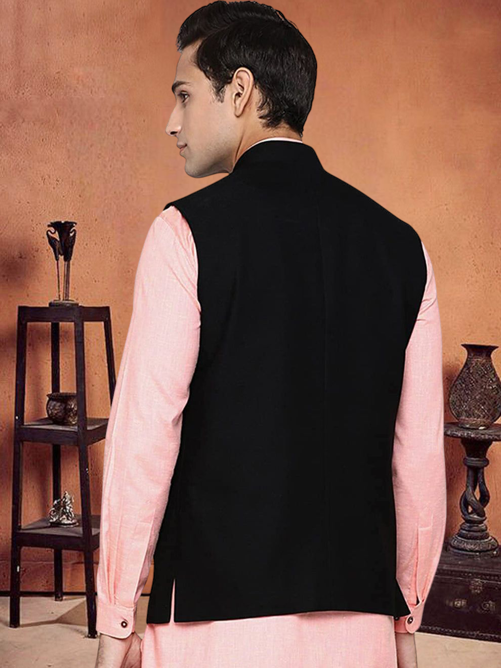 Vastraa Fusion Modi Jacket Waistcoat Checks Pattern Woolen Nehru Jacket