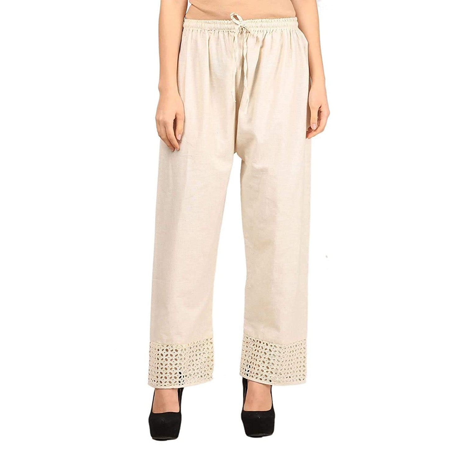 Vastraa Fusion Straight Regular Fit Stylish Solid Cotton Embroidered Lace Palazzo or Bottoms For Women's and Girls