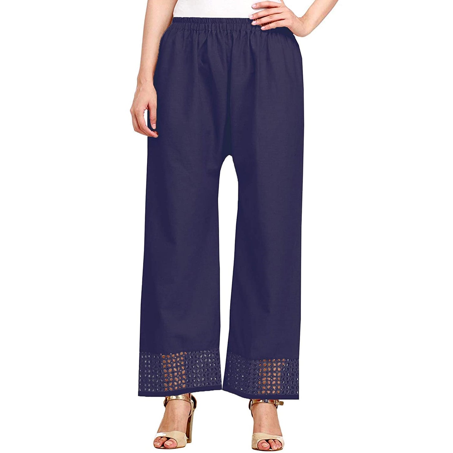Vastraa Fusion Straight Regular Fit Stylish Solid Cotton Embroidered Lace Palazzo or Bottoms For Women's and Girls