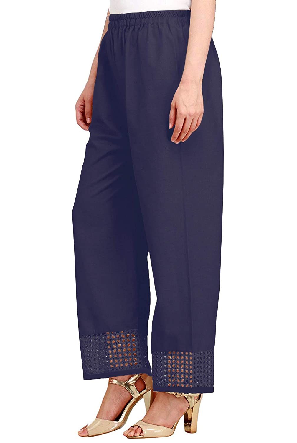 Vastraa Fusion Straight Regular Fit Stylish Solid Cotton Embroidered Lace Palazzo or Bottoms For Women's and Girls