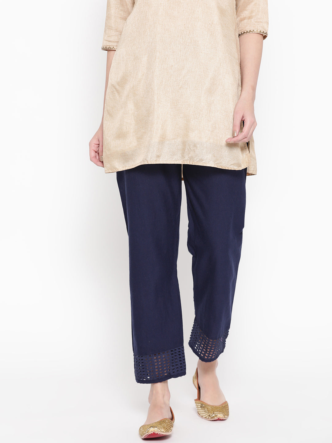 Vastraa Fusion Straight Regular Fit Stylish Solid Cotton Embroidered Lace Palazzo or Bottoms For Women's and Girls